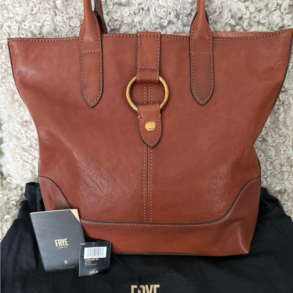 Frye Cognac Leather Tote | Brass Ring Detail | $428 Retail | Dust Bag + Tags